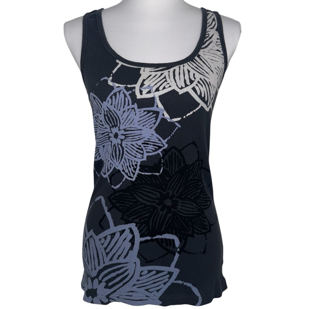 Old Navy‎ Floral Ribbed Tank Top Gray Sleeveless Cotton Blend Women’s L Y2K